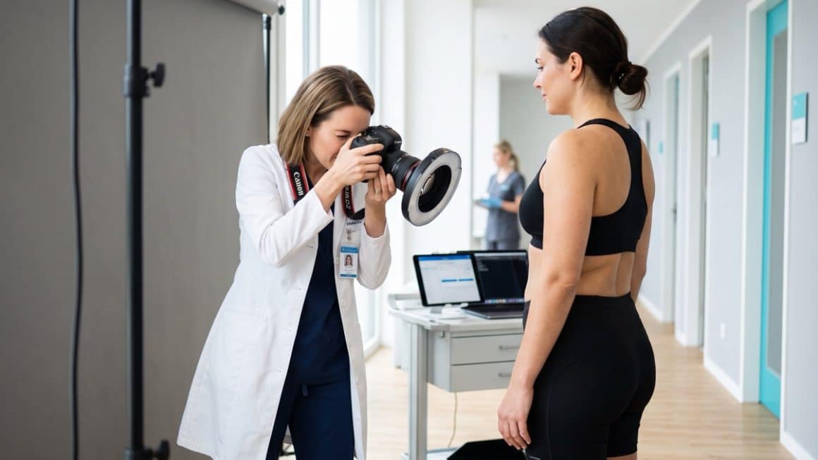 Professionele documentatie van het voor en na resultaat van een Brazilian Butt Lift (BBL): de arts fotografeert het behandelgebied
