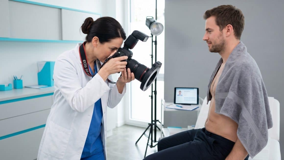 Professionele documentatie van het voor en na resultaat van een cryolipolyse-behandeling: de arts fotografeert het behandelgebied