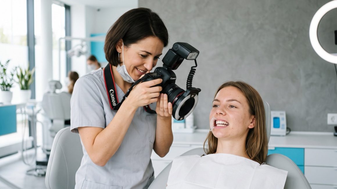 Professionele documentatie van het voor en na resultaat van een facings-behandeling (tandheelkundige veneers): de arts fotografeert het behandelgebied