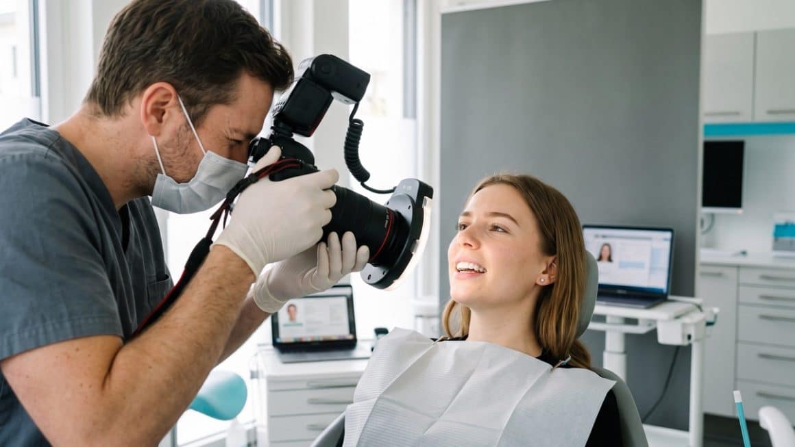 Professionele documentatie van het voor en na resultaat van een Invisalign-behandeling: de arts fotografeert het behandelgebied