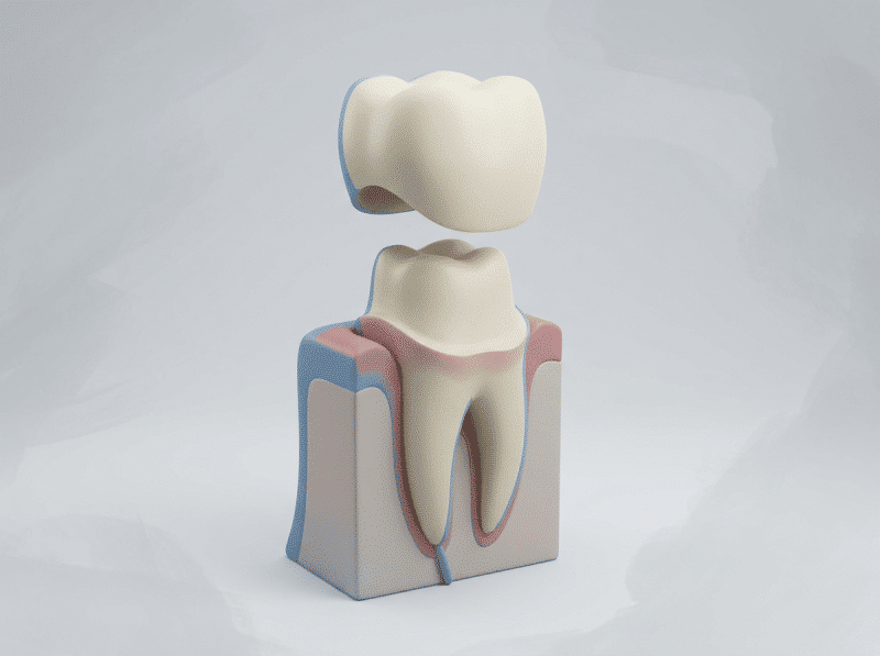 AI-illustratie met een eenvoudig anatomisch of keuzemodel voor tandheelkundige kronen.