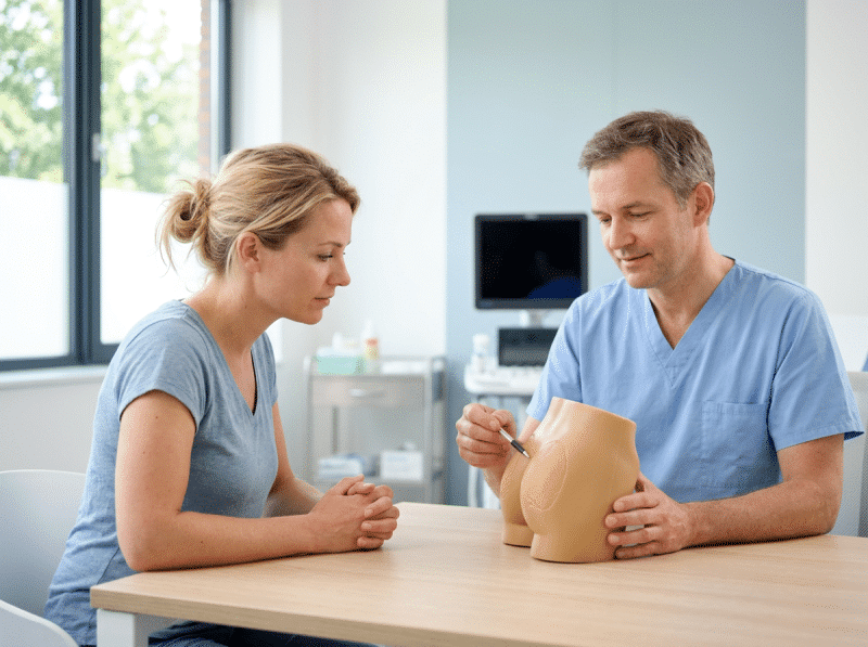 AI-illustratie van een volwassen bezoeker en behandelaar die bbl - brazilian butt lift bespreken.