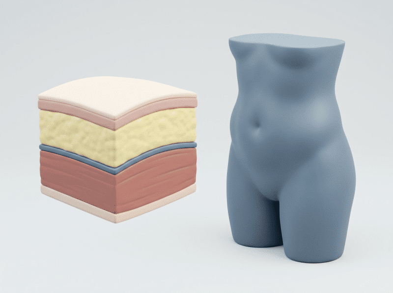 AI-illustratie met een eenvoudig anatomisch of keuzemodel voor liposuctie.