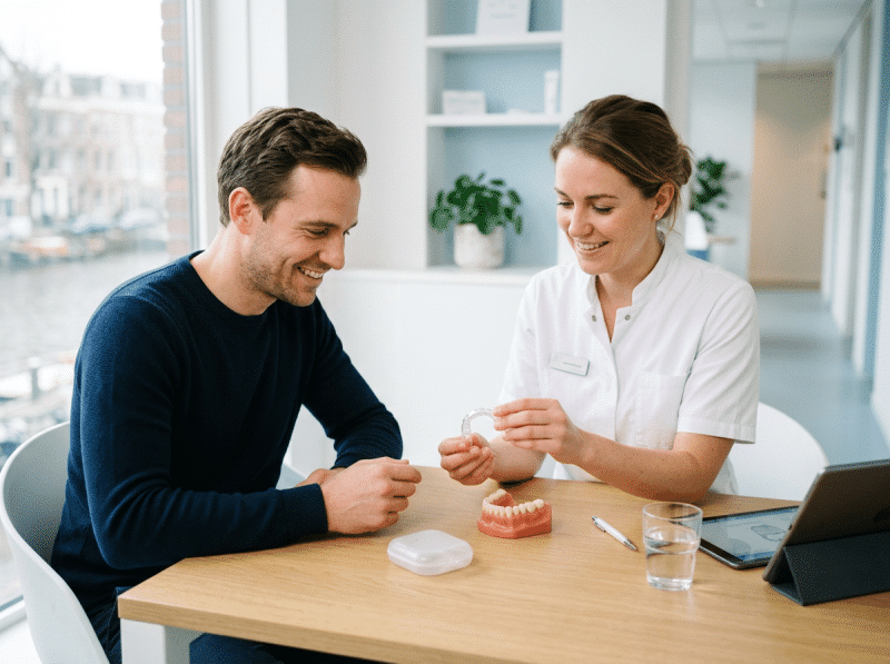 AI-illustratie van een volwassen bezoeker en behandelaar die invisalign™ bespreken.