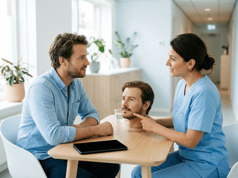 AI-illustratie van een volwassen bezoeker en behandelaar die baard transplantatie bespreken.