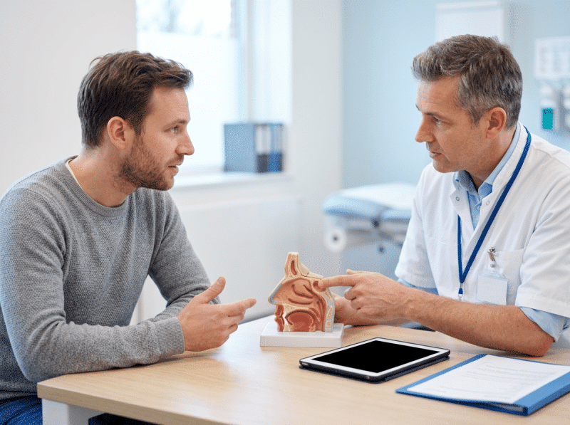 AI-illustratie van een volwassen bezoeker en behandelaar die neuscorrectie (rhinoplasty) bespreken.