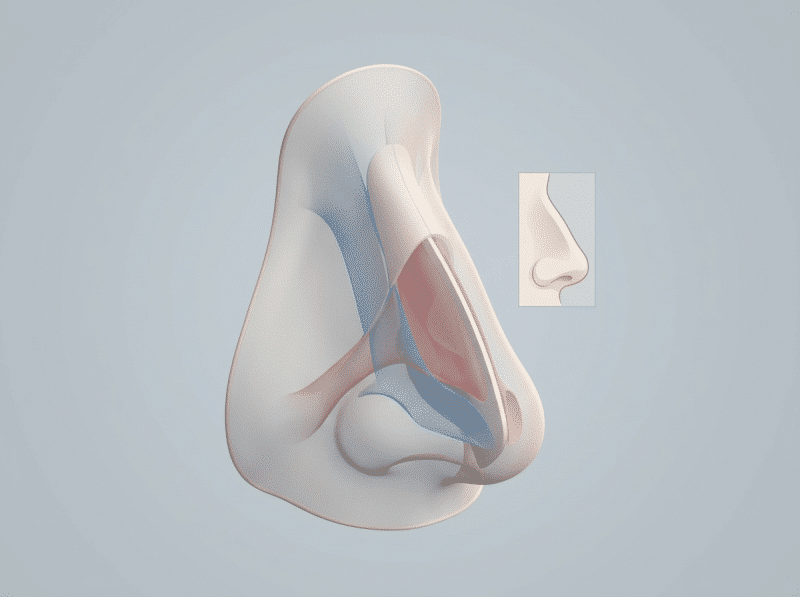 AI-illustratie met een eenvoudig anatomisch of keuzemodel voor neuscorrectie (rhinoplasty).