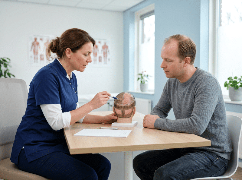 AI-illustratie van een volwassen bezoeker en behandelaar die fue - follicular unit extraction bespreken.