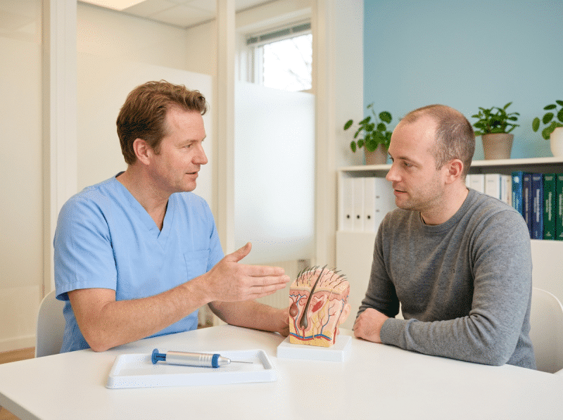 AI-illustratie van een volwassen bezoeker en behandelaar die dhi - directe haarimplantatie bespreken.