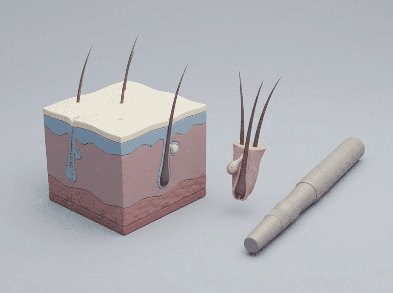 AI-illustratie met een eenvoudig anatomisch of keuzemodel voor dhi - directe haarimplantatie.