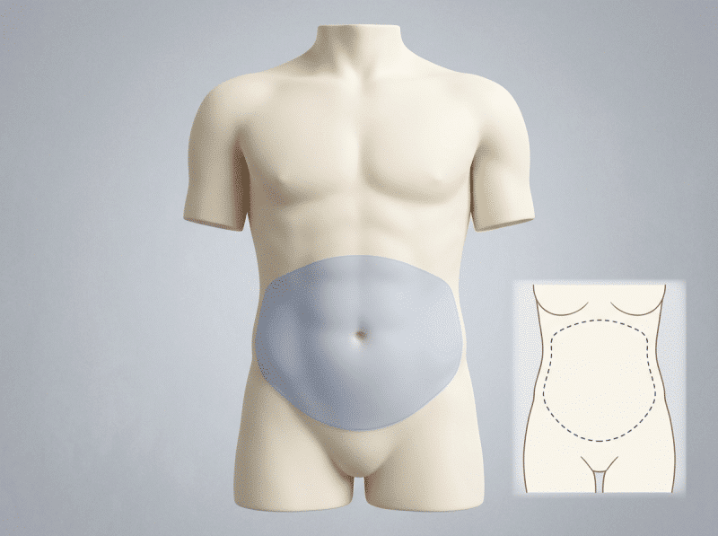 AI-illustratie met een eenvoudig anatomisch of keuzemodel voor mini buikwandcorrectie.