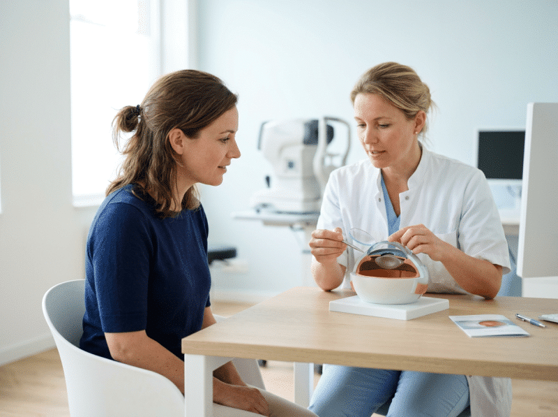 AI-illustratie van een volwassen bezoeker en behandelaar die lasik (femtolasik) ooglaser bespreken.