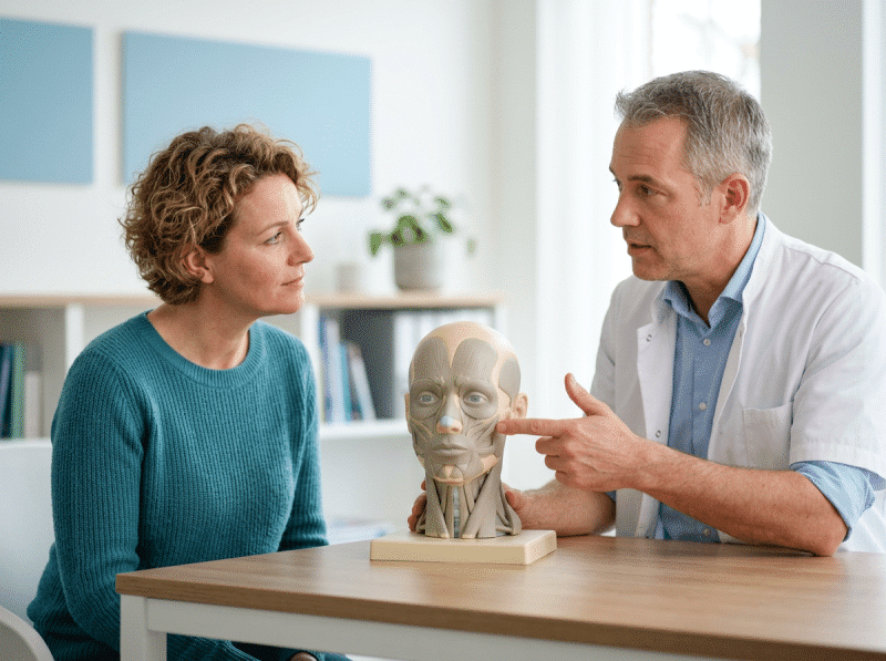 AI-illustratie van een volwassen bezoeker en behandelaar die botox® bespreken.