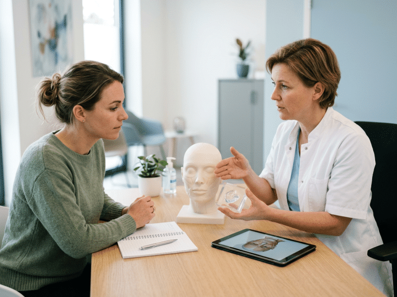 AI-illustratie van een volwassen bezoeker en behandelaar die hyaluronzuur fillers bespreken.