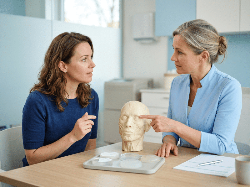 AI-illustratie van een volwassen bezoeker en behandelaar die fillers bespreken.