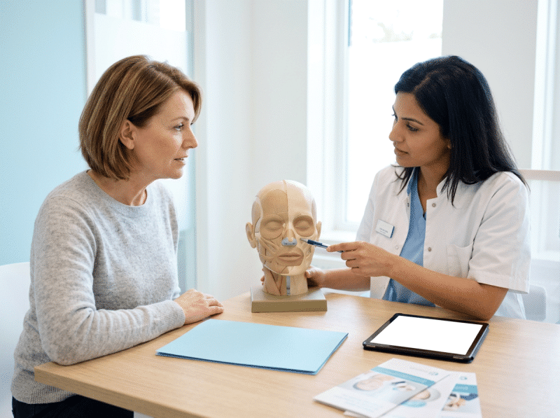 AI-illustratie van een volwassen bezoeker en behandelaar die liquid facelift bespreken.