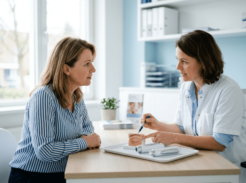 AI-illustratie van een volwassen bezoeker en behandelaar die ooglid correctie zonder operatie bespreken.