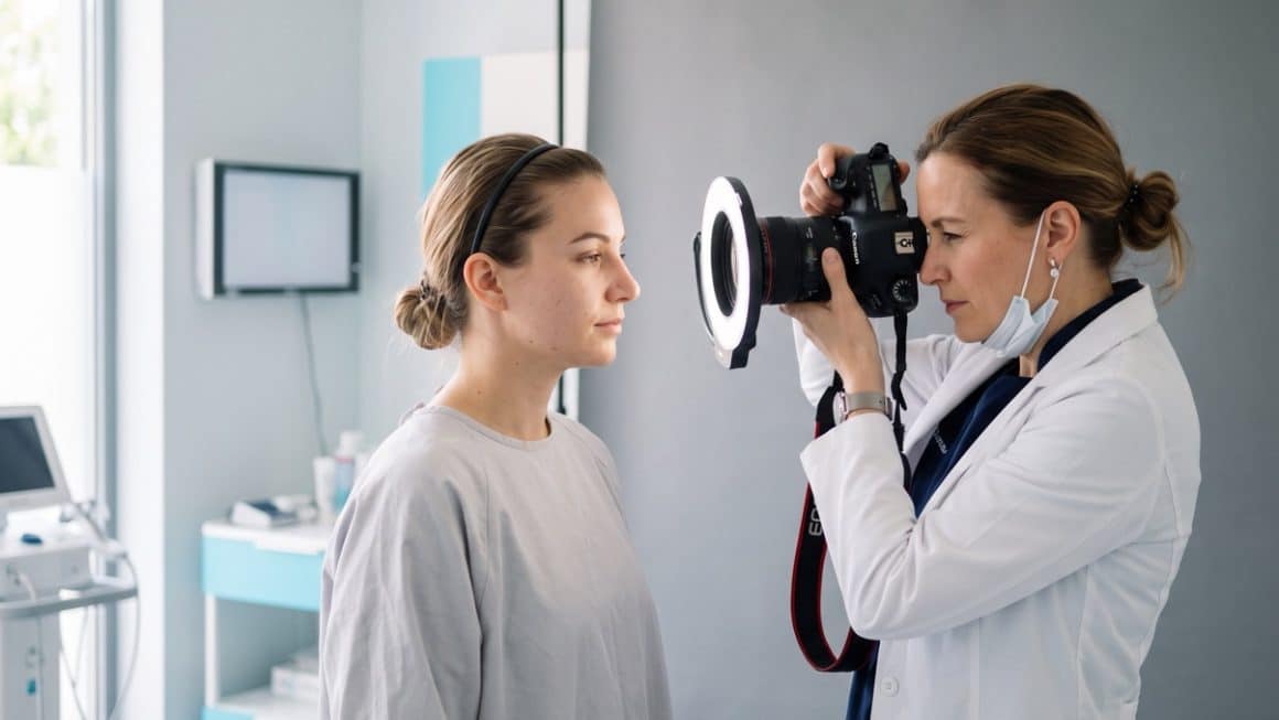 Professionele documentatie van het voor en na resultaat van een neuscorrectie (rhinoplastiek): de arts fotografeert het behandelgebied