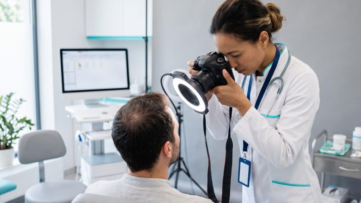 Professionele documentatie van het voor en na resultaat van een PRP-behandeling tegen haaruitval: de arts fotografeert het behandelgebied